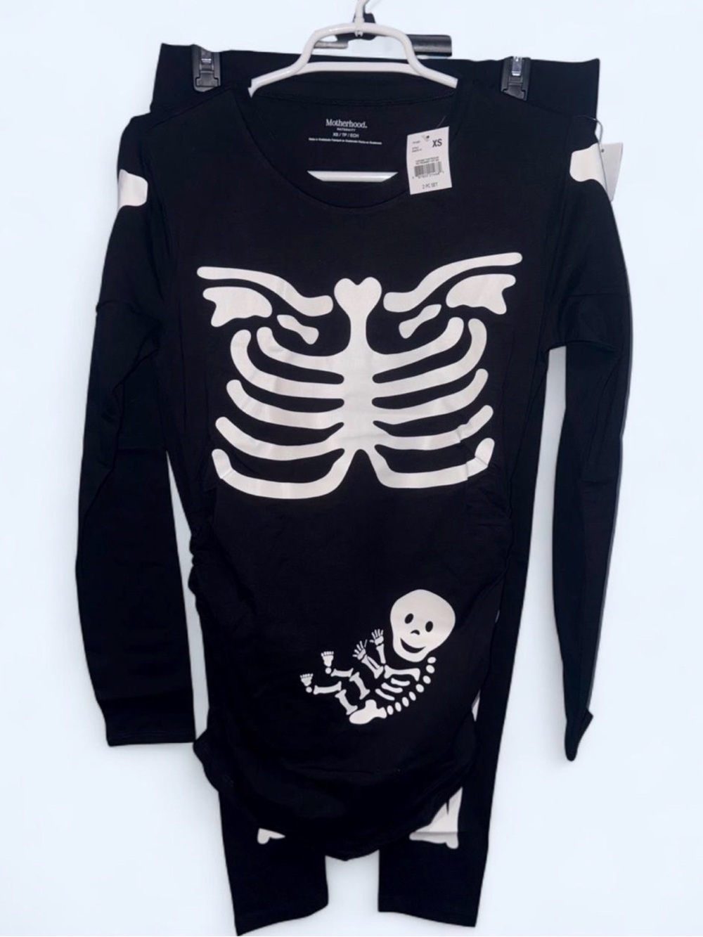 Motherhood Black Maternity Skeleton Pajama Set with White Fetal Print